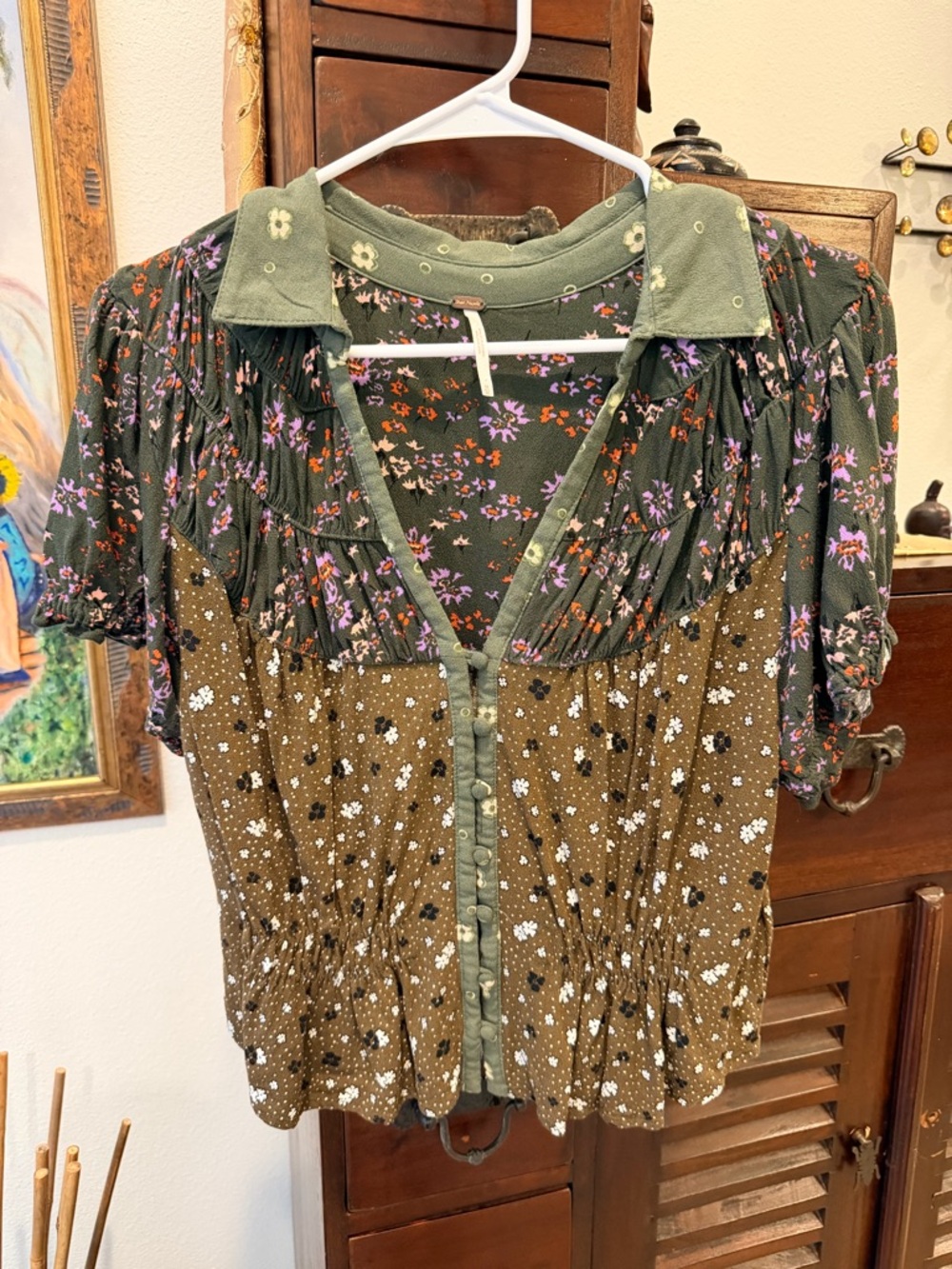 Free People Floral Patchwork Button-Front Women’s Top in Greens